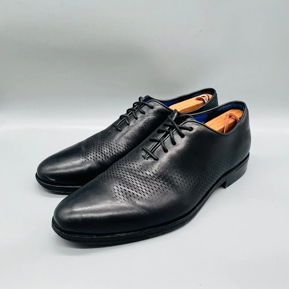 Cole Haan Oxfords Mens 9.5 Black Leather Perforated Lace Up Grand.OS Dress Shoes